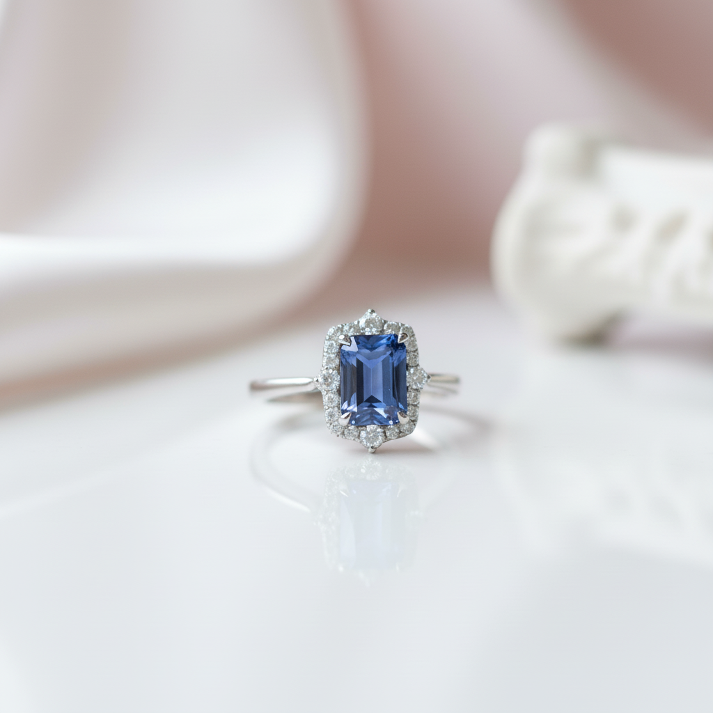 3.0 Carat Halo Emerald Cut Blue Simulated Sapphire Engagement Ring-Black Diamonds New York