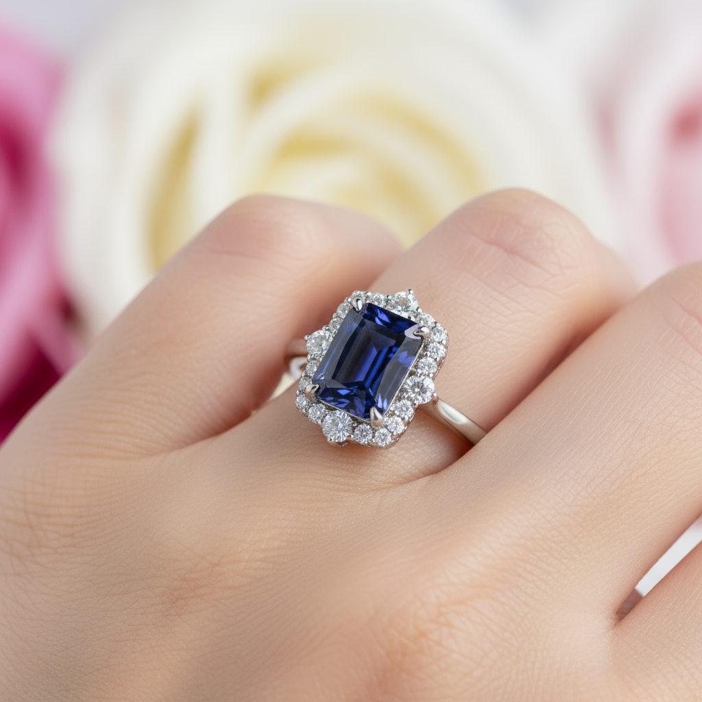 3.0 Carat Halo Emerald Cut Blue Simulated Sapphire Engagement Ring-Black Diamonds New York