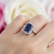 3.0 Carat Halo Emerald Cut Blue Simulated Sapphire Engagement Ring-Black Diamonds New York