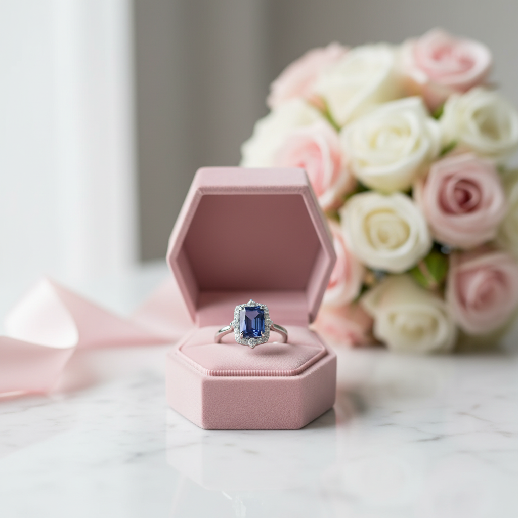 3.0 Carat Halo Emerald Cut Blue Simulated Sapphire Engagement Ring-Black Diamonds New York