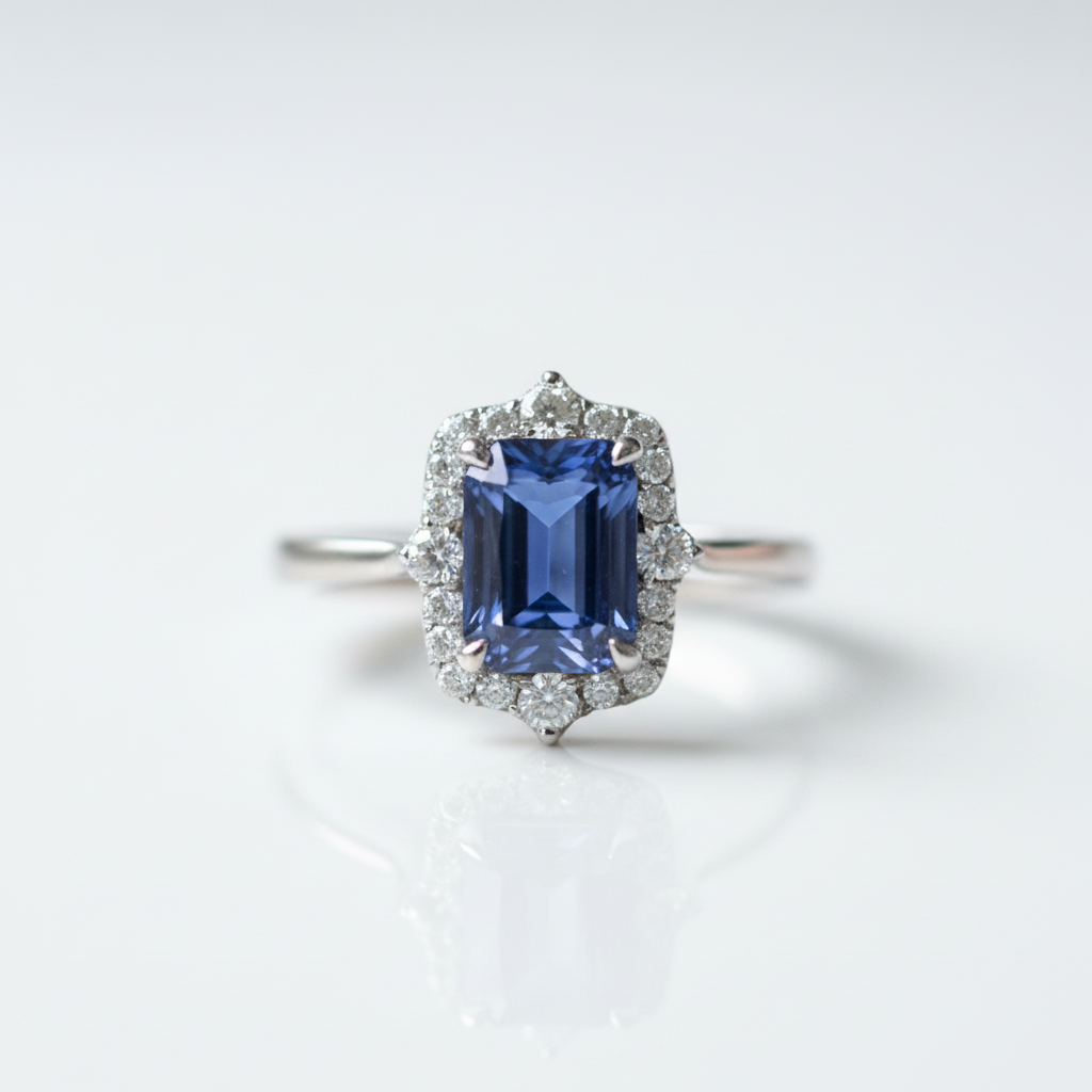 3.0 Carat Halo Emerald Cut Blue Simulated Sapphire Engagement Ring-Black Diamonds New York