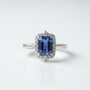 3.0 Carat Halo Emerald Cut Blue Simulated Sapphire Engagement Ring-Black Diamonds New York