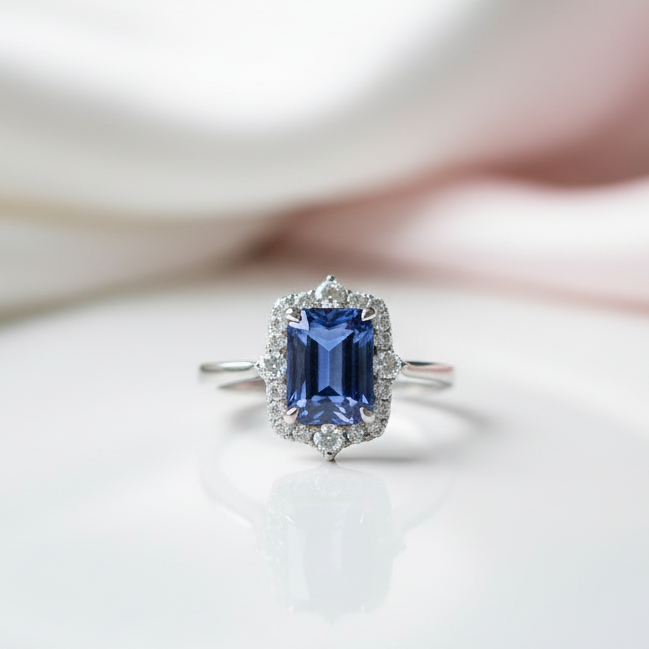 3.0 Carat Halo Emerald Cut Blue Simulated Sapphire Engagement Ring-Black Diamonds New York