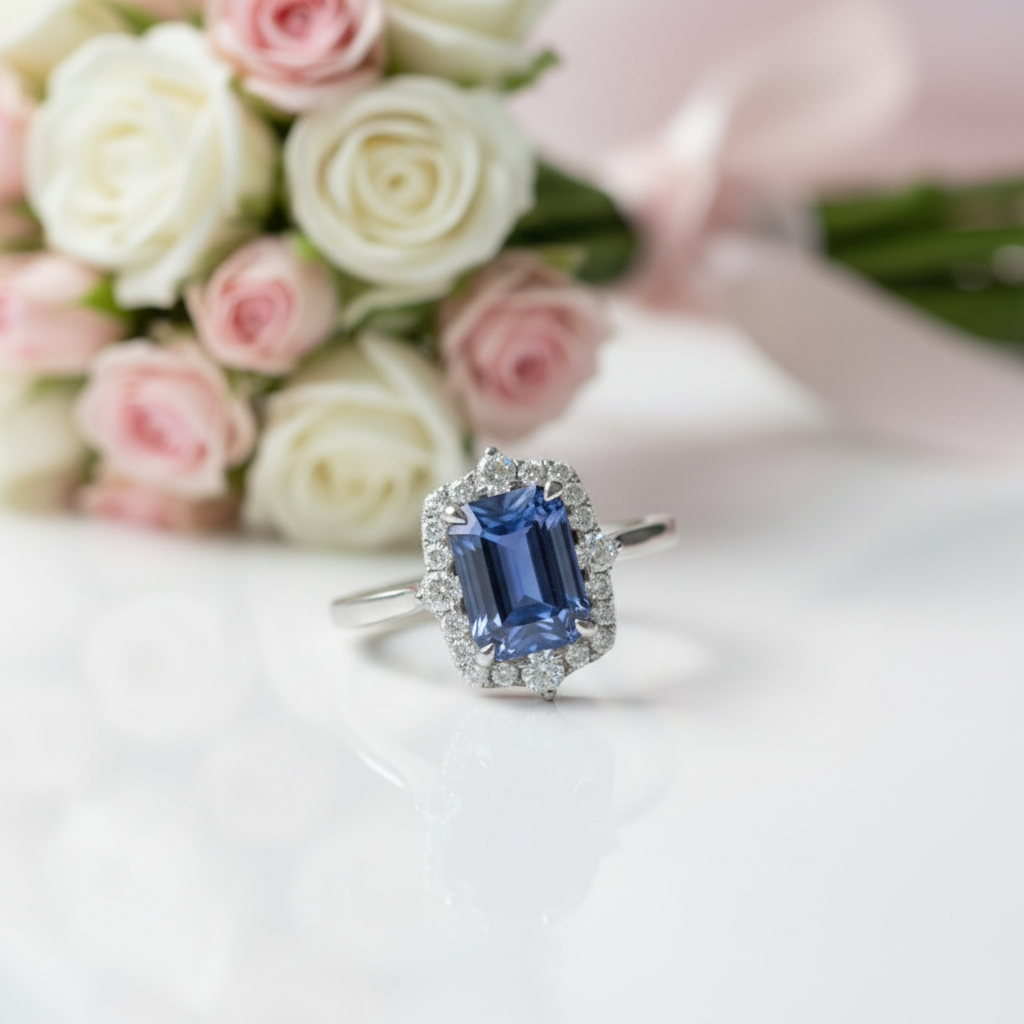 3.0 Carat Halo Emerald Cut Blue Simulated Sapphire Engagement Ring-Black Diamonds New York