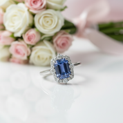 3.0 Carat Halo Emerald Cut Blue Simulated Sapphire Engagement Ring-Black Diamonds New York