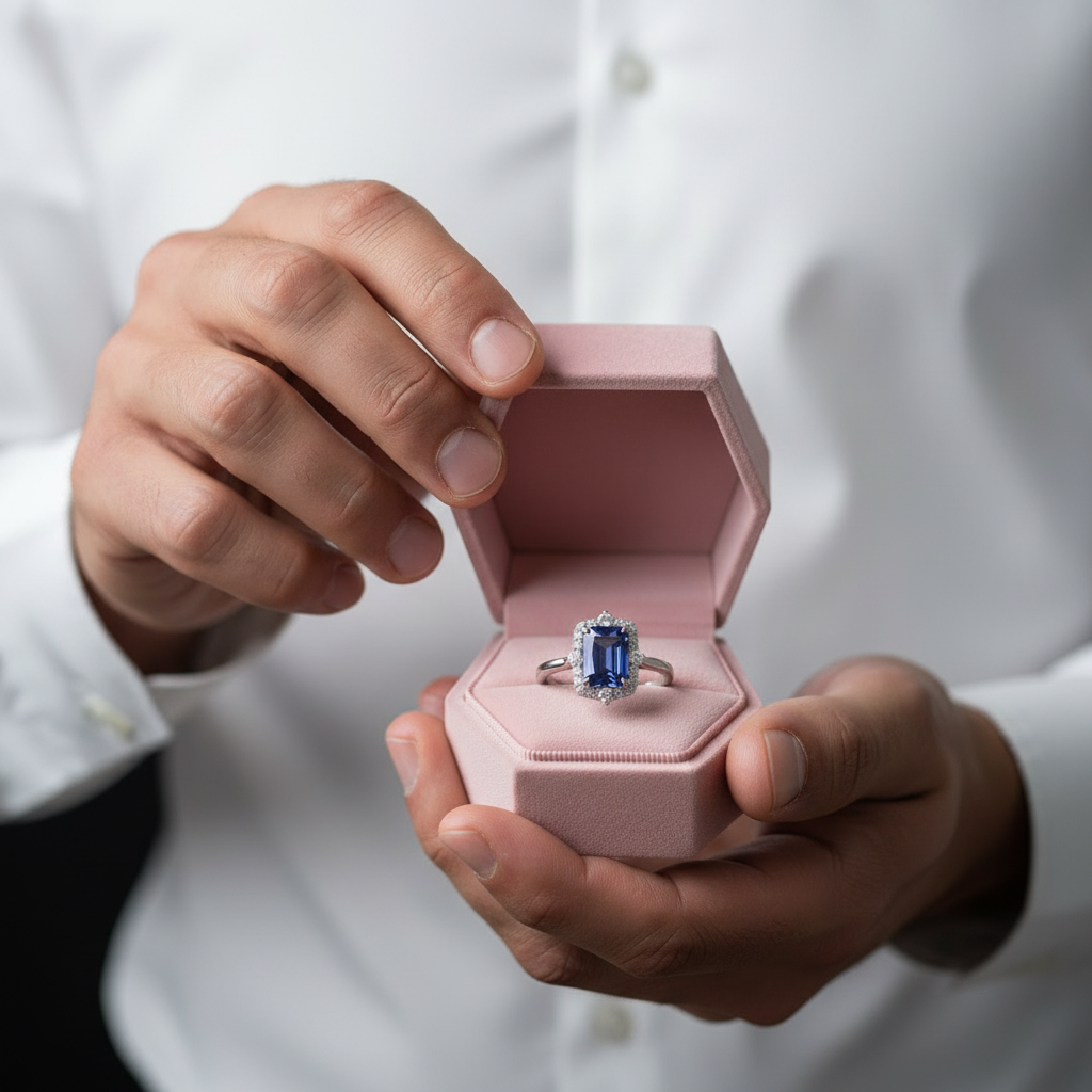 3.0 Carat Halo Emerald Cut Blue Simulated Sapphire Engagement Ring-Black Diamonds New York