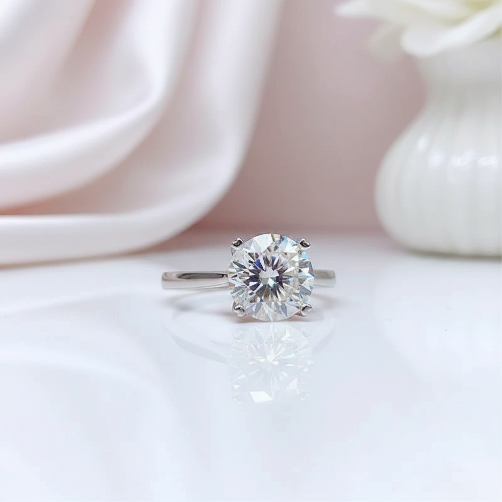 A round-cut solitaire engagement ring with a sparkling clear gemstone in a silver-toned setting, resting on a glossy white surface with a soft pink and white background.