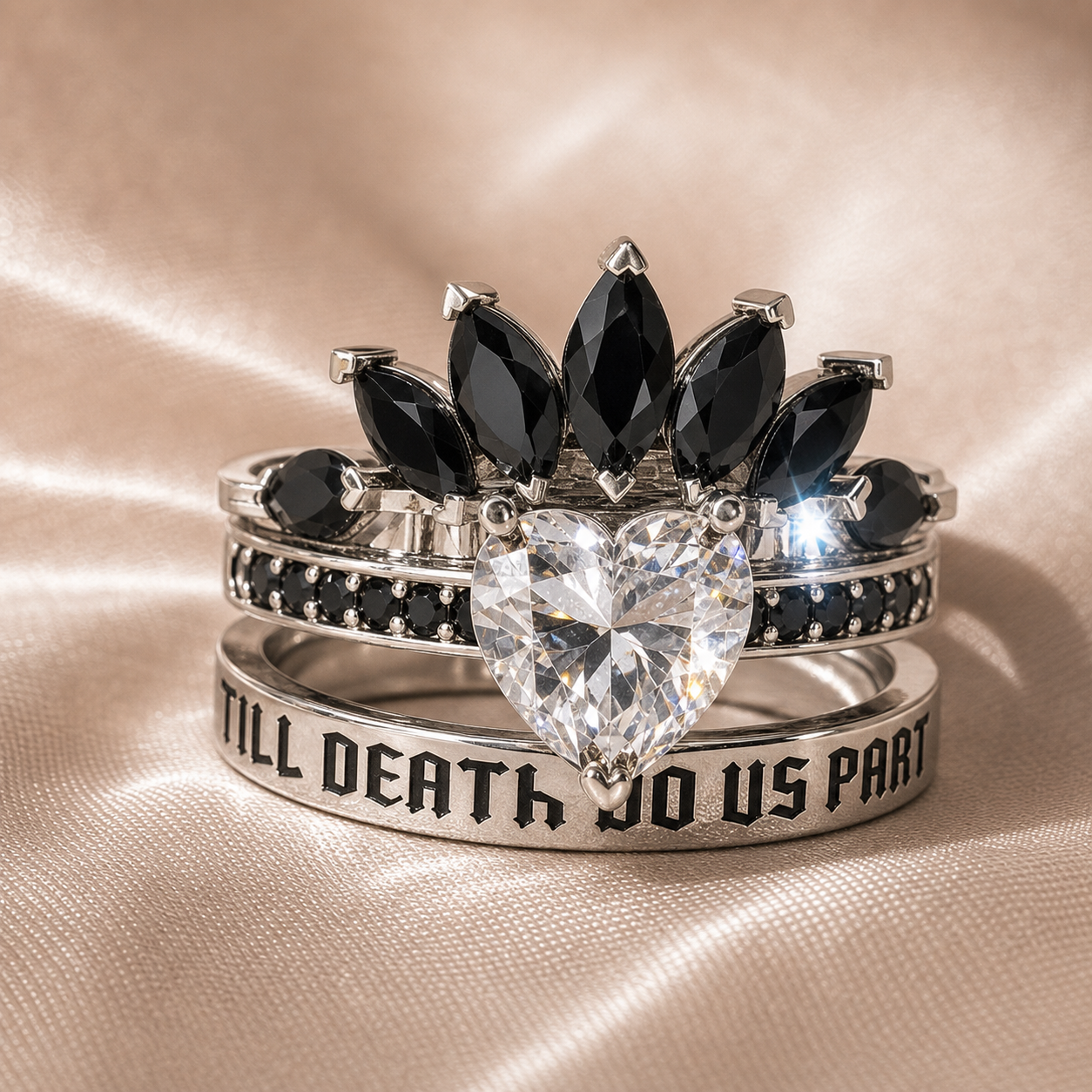 Till Death Do Us Part- 1.5 Carat Heart Created Diamond Option Wedding Ring Set-Black Diamonds New York