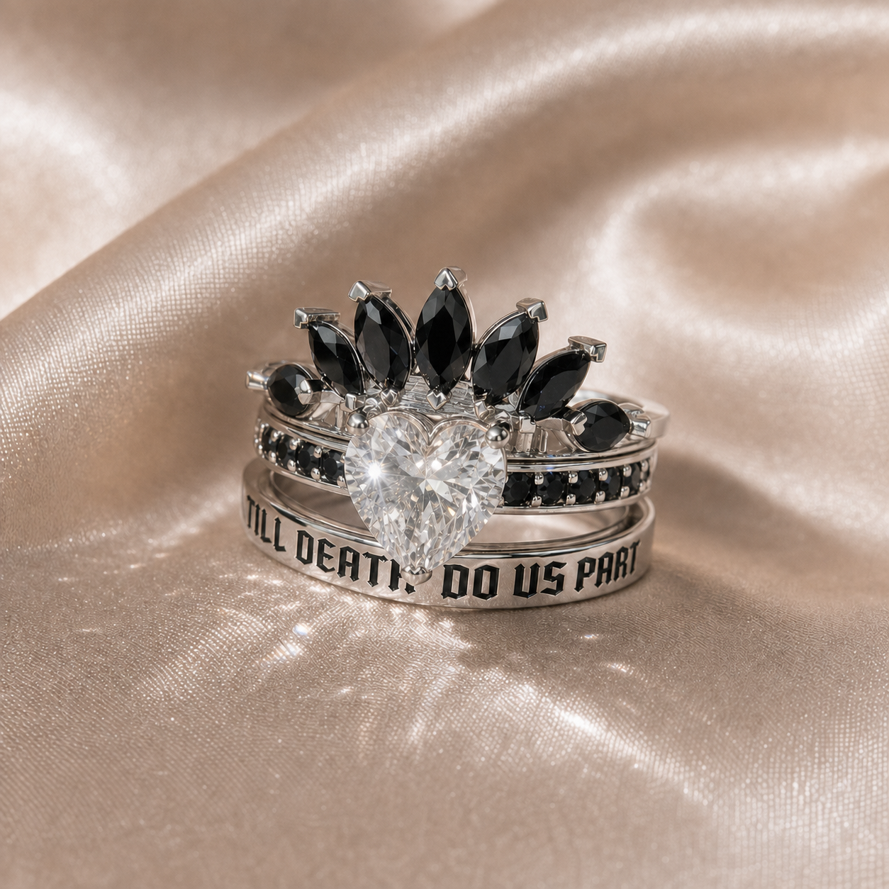 Till Death Do Us Part- 1.5 Carat Heart Created Diamond Option Wedding Ring Set-Black Diamonds New York