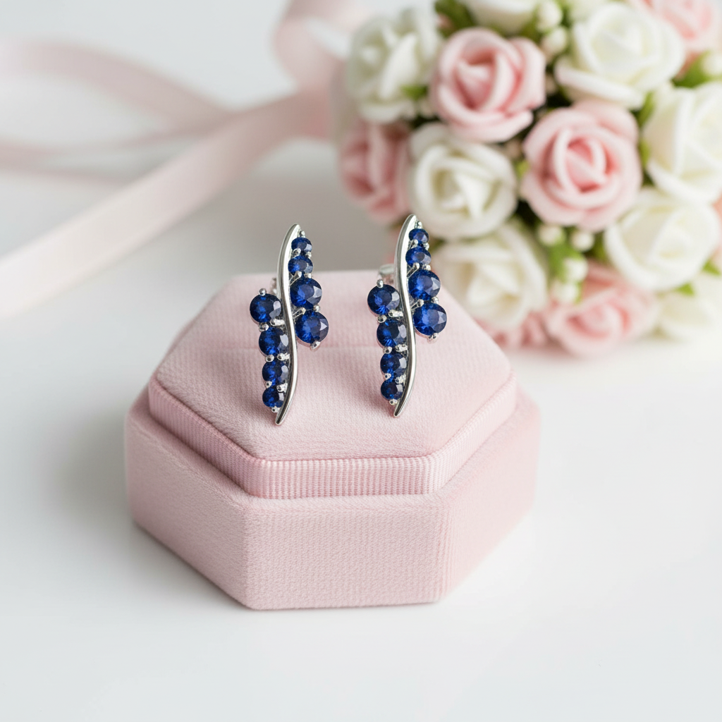 Pair of blue gemstone earrings on a pink jewelry box with flowers in the background