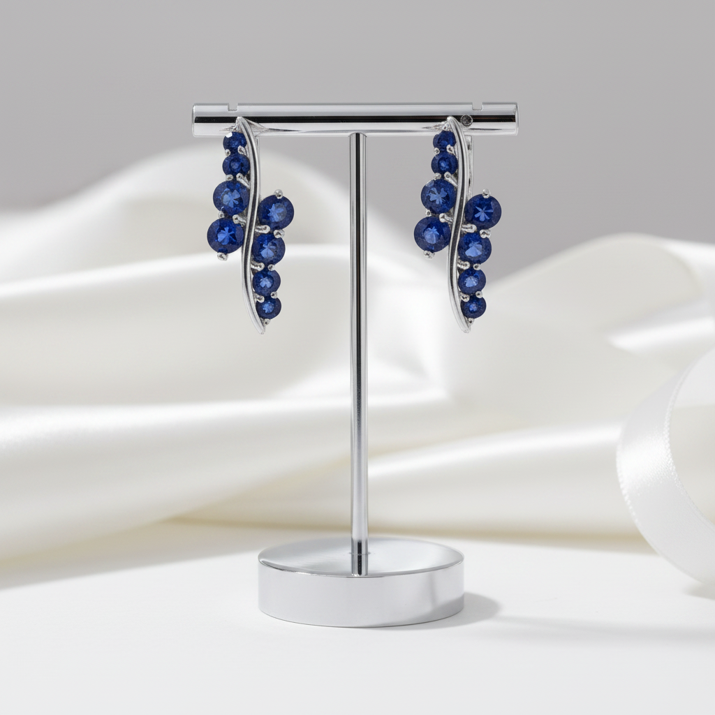 3.0Ct Blue Sapphire Gemstone Earrings-Black Diamonds New York