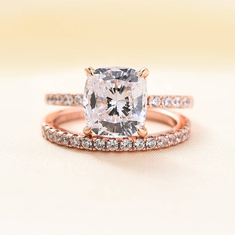 Flash Sale - 3.0ct Cushion Cut Rose Gold Clear Simulated Sapphire Wedding Ring Set-Black Diamonds New York