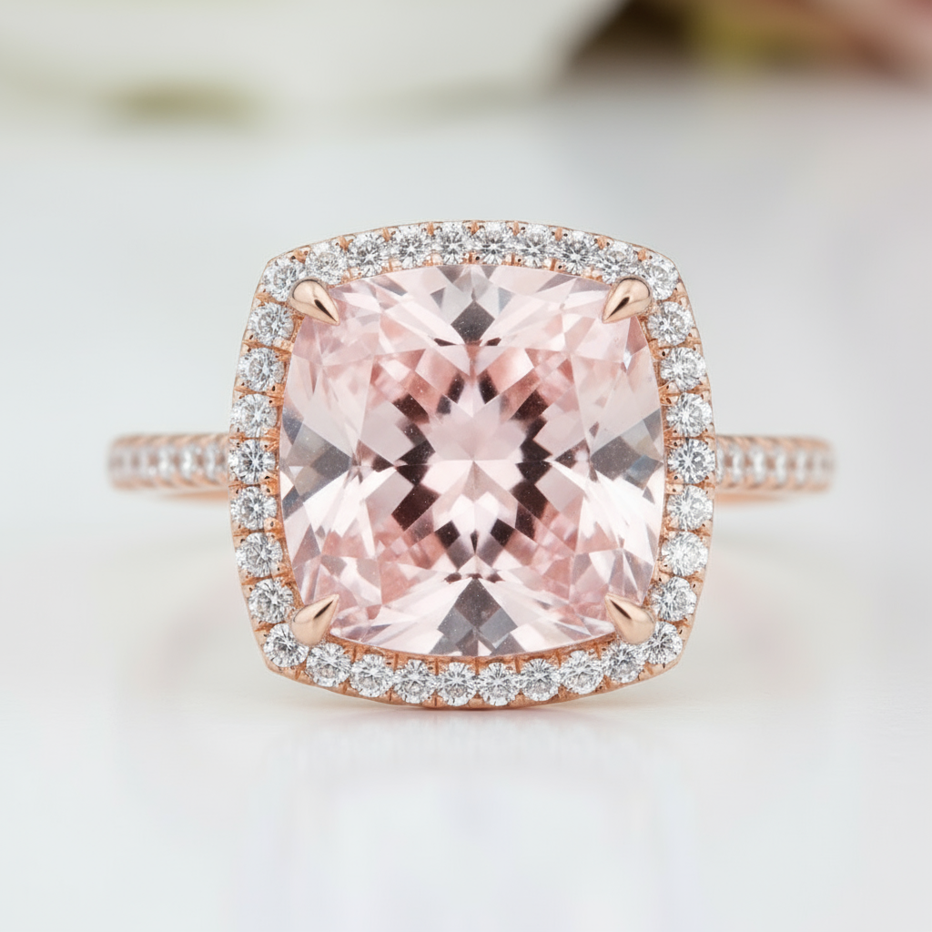 3.0ct Cushion Cut Morganite Halo Engagement Ring-Black Diamonds New York