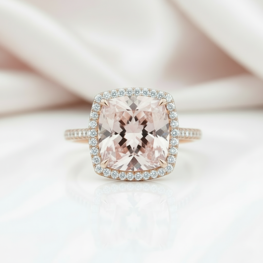 3.0ct Cushion Cut Morganite Halo Engagement Ring-Black Diamonds New York