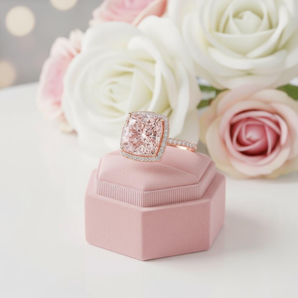 3.0ct Cushion Cut Morganite Halo Engagement Ring-Black Diamonds New York