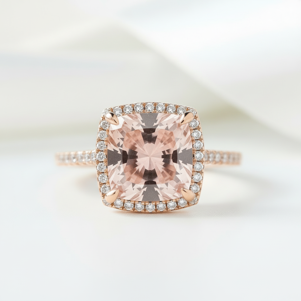 3.0ct Cushion Cut Morganite Halo Engagement Ring-Black Diamonds New York