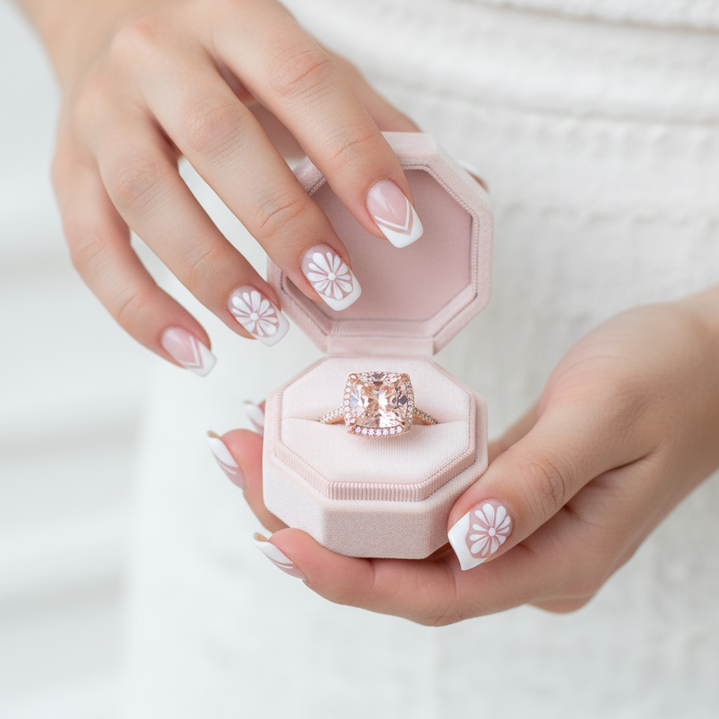 Rose gold ring in a pink jewelry box held by hands with floral nail designs on a white background