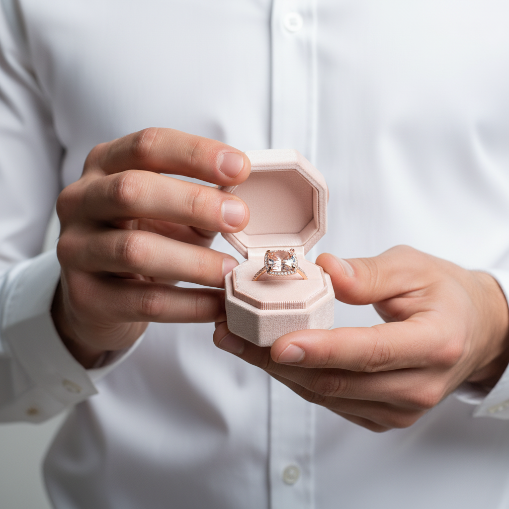 Person holding a pink jewelry box with a ring inside, wearing a white shirt.