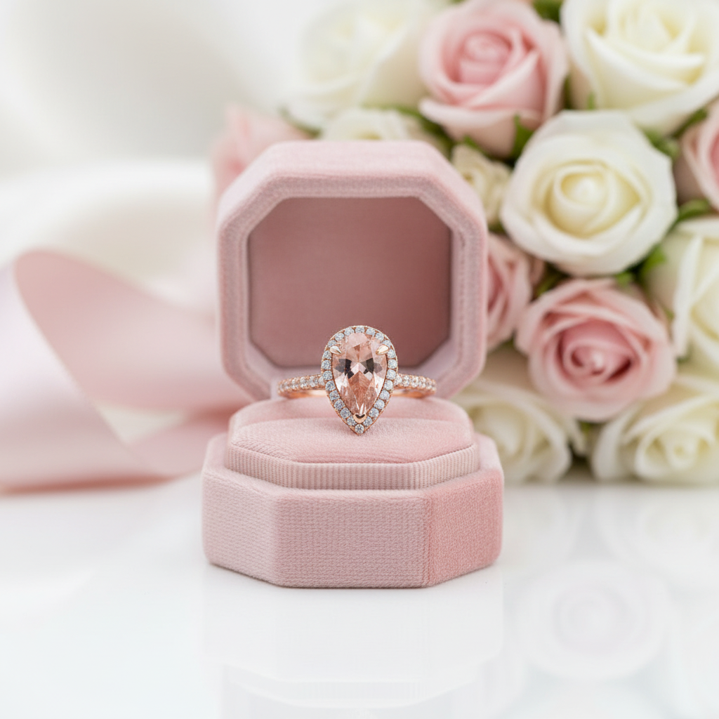 3.0ct Halo Pear Cut Synthetic Morganite Engagement Ring-Black Diamonds New York