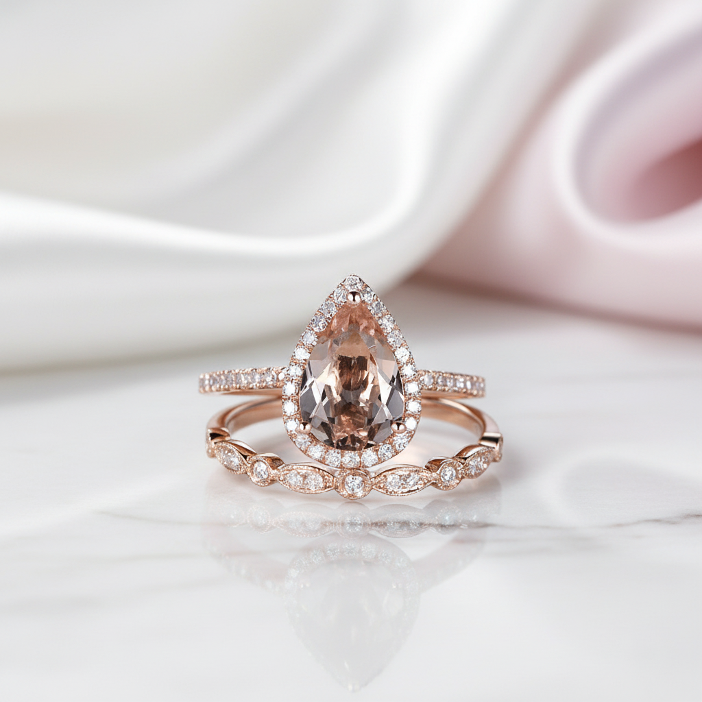 2.2ct Halo Pear Cut Synthetic Morganite Wedding Ring Set-Black Diamonds New York
