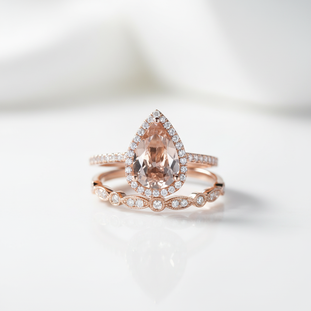 2.2ct Halo Pear Cut Synthetic Morganite Wedding Ring Set-Black Diamonds New York