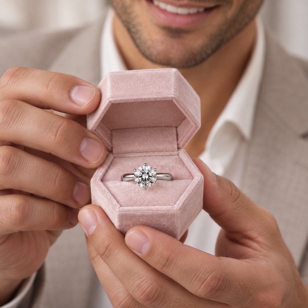 A close-up of a man holding an open dusty pink ring box that displays a silver-toned ring with a round brilliant-cut diamond. The man is wearing a light-colored collared shirt and a beige blazer, with a soft-focus background.