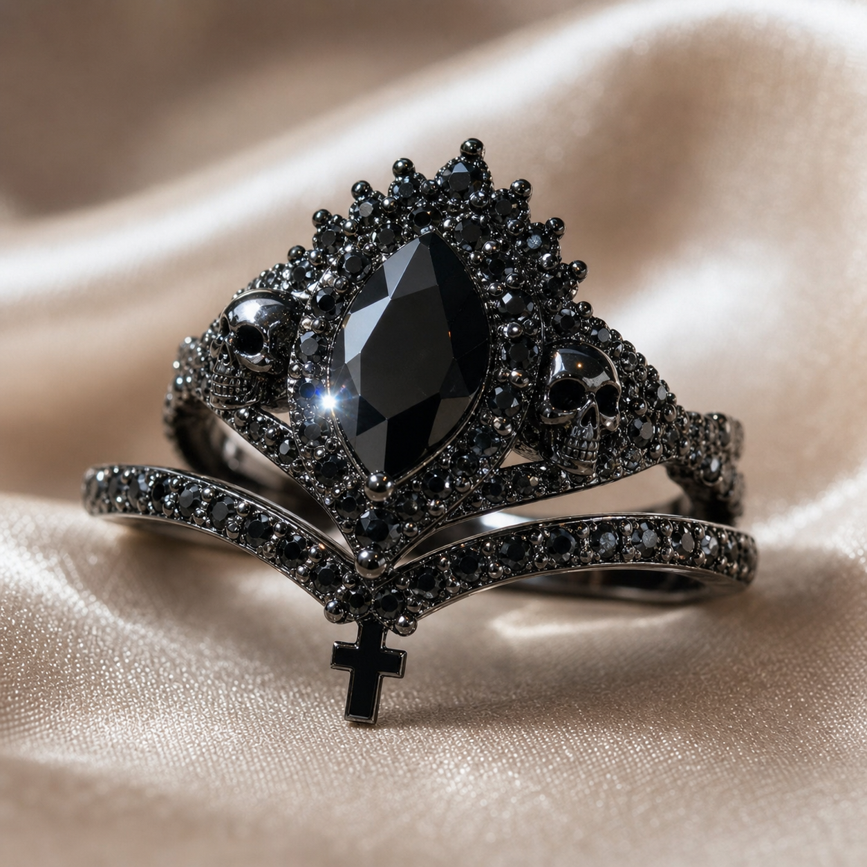 Loyalty Ring- 1ct Pear Cut Black Diamond Option Skull Ring Set-Black Diamonds New York