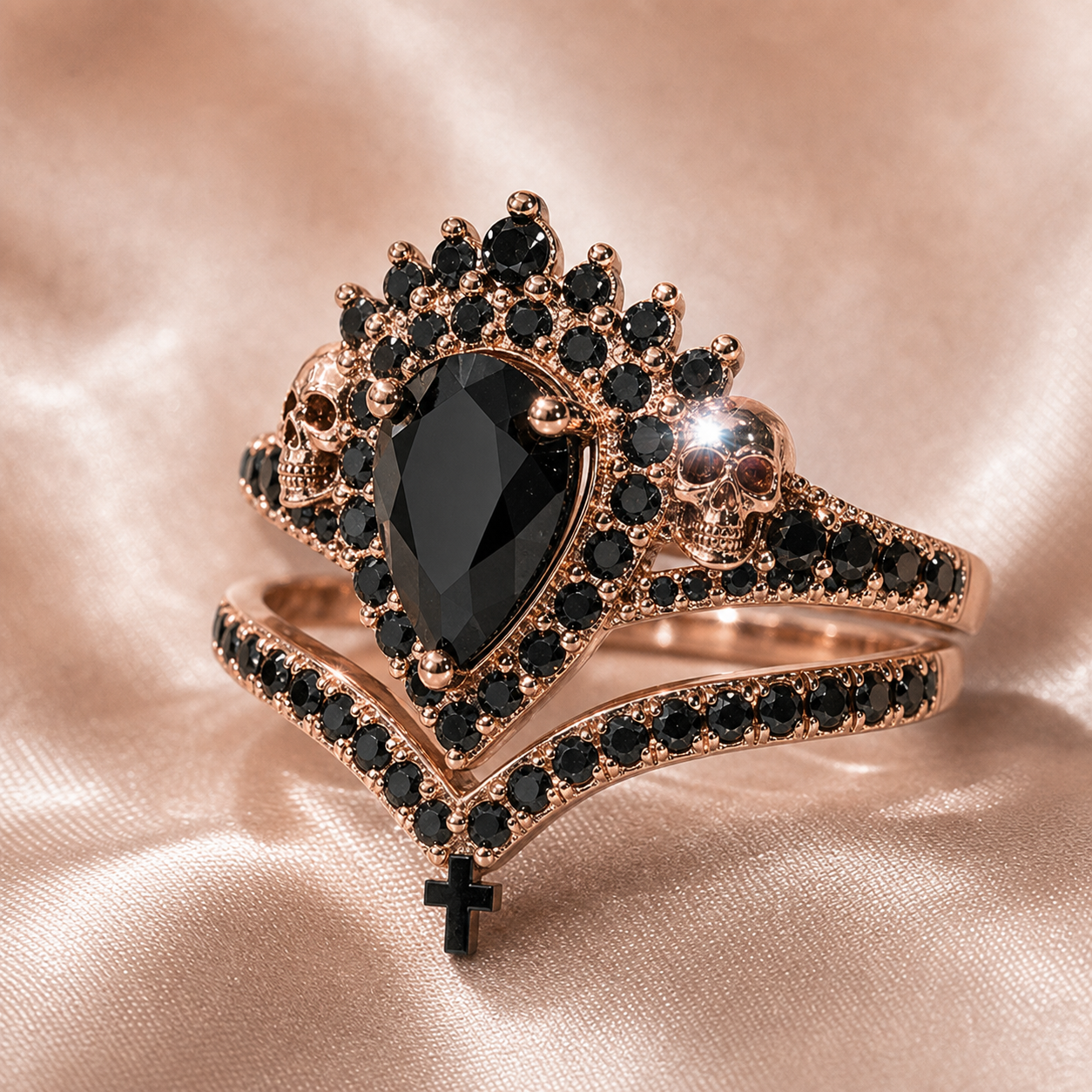 Loyalty Ring- 1ct Pear Cut Black Diamond Option Skull Ring Set-Black Diamonds New York