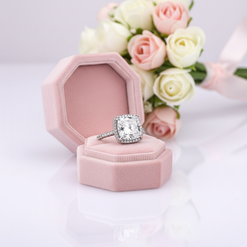 Diamond ring in a pink velvet box with flowers in the background