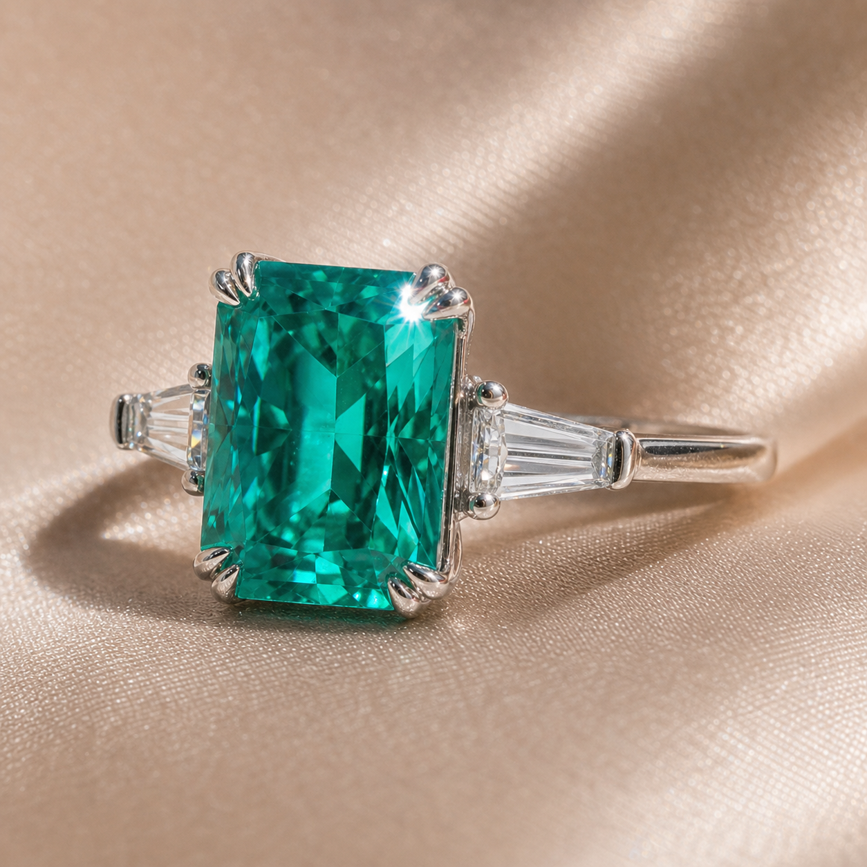 4.0ct Paraiba Tourmaline Radiant Cut Three-Stone Engagement Ring-Black Diamonds New York
