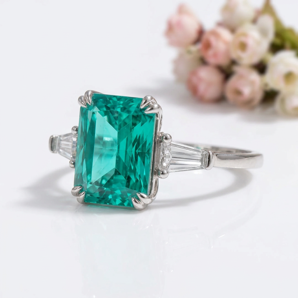 4.0ct Paraiba Tourmaline Radiant Cut Three-Stone Engagement Ring-Black Diamonds New York