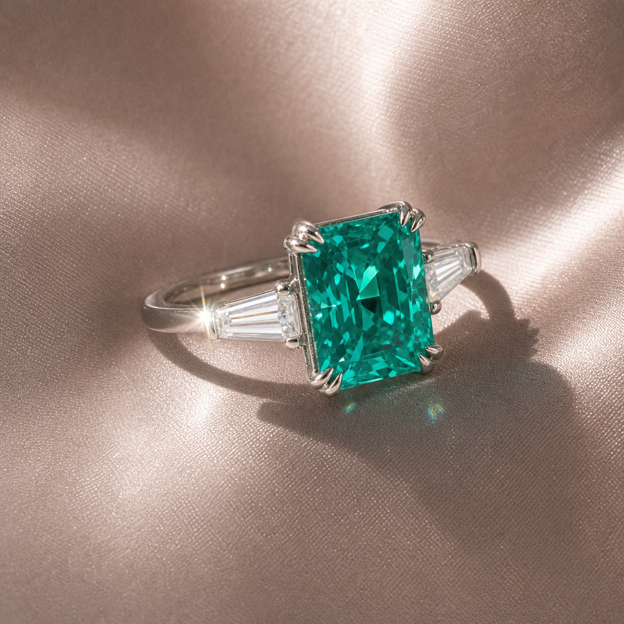 4.0ct Paraiba Tourmaline Radiant Cut Three-Stone Engagement Ring-Black Diamonds New York