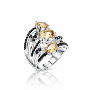 3.42Ct Oval-cut Three Citrine Birthstone Ring-Black Diamonds New York