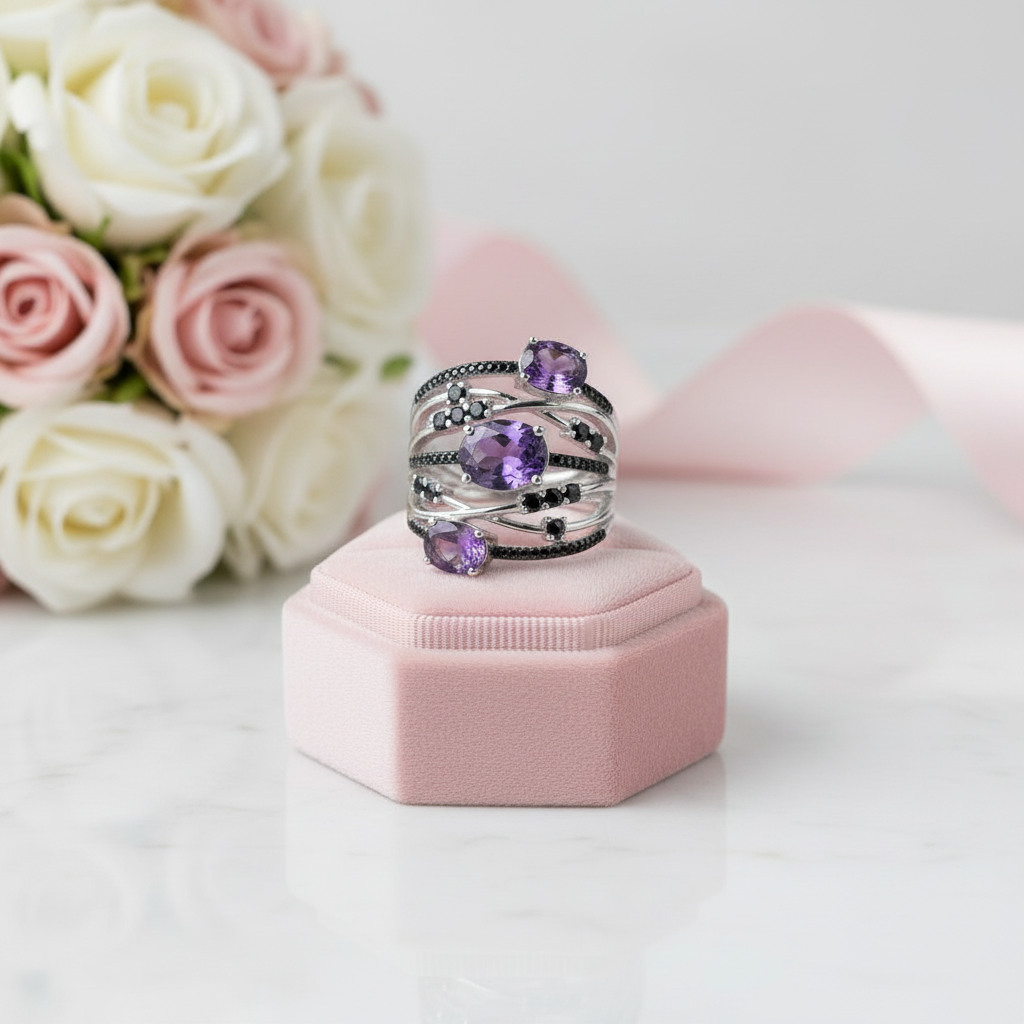 3.42Ct Oval Amethyst Gemstone Ring-Black Diamonds New York