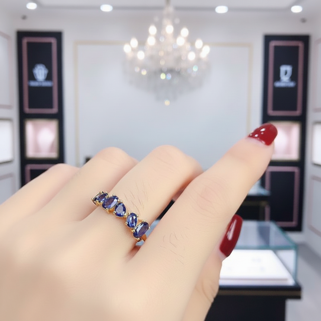 3*4mm Blue Sapphire Wedding Band-Black Diamonds New York