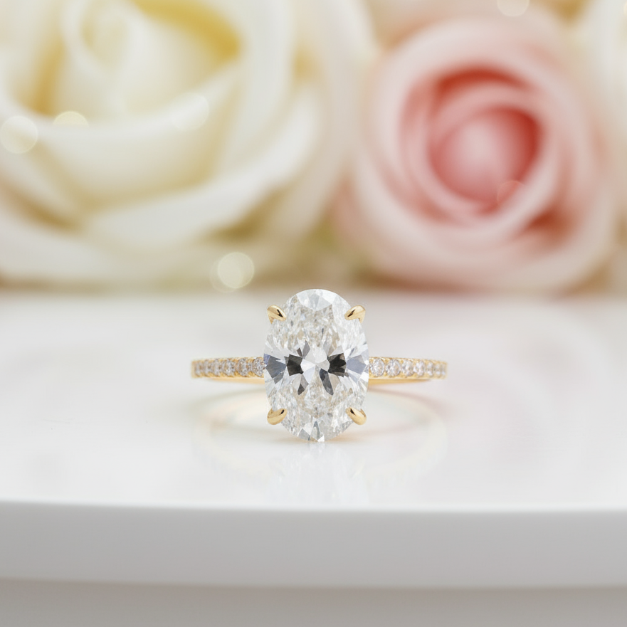 3.5 Carat Classic Oval Cut Yellow Gold Ring Set-Black Diamonds New York