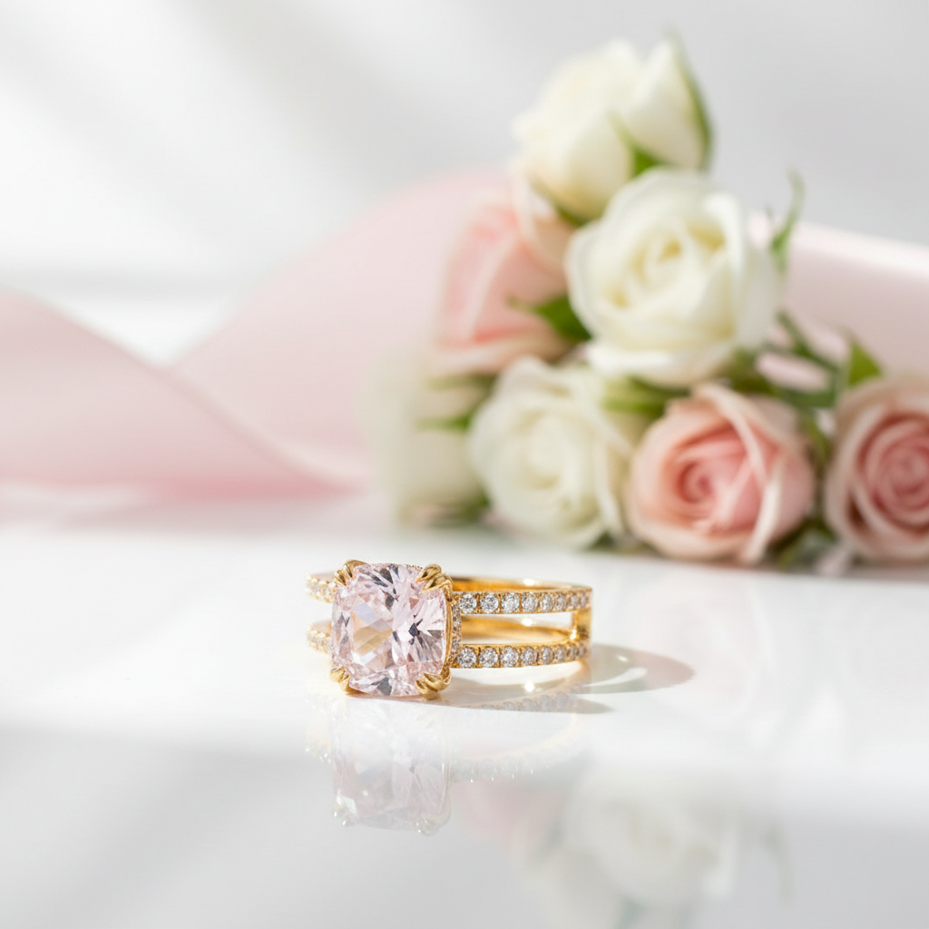 Gold ring with a pink gemstone on a white surface with flowers in the background