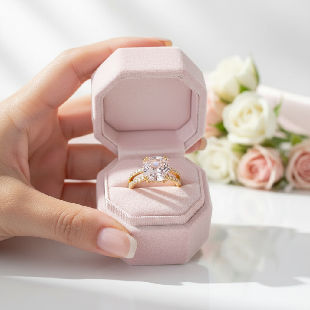 Hand holding a pink jewelry box with a ring inside, blurred flowers in the background