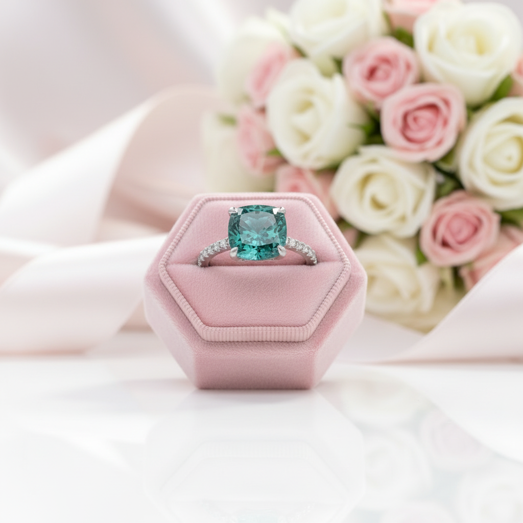 3.5 Carat Cushion Cut Paraiba Tourmaline Engagement Ring-Black Diamonds New York