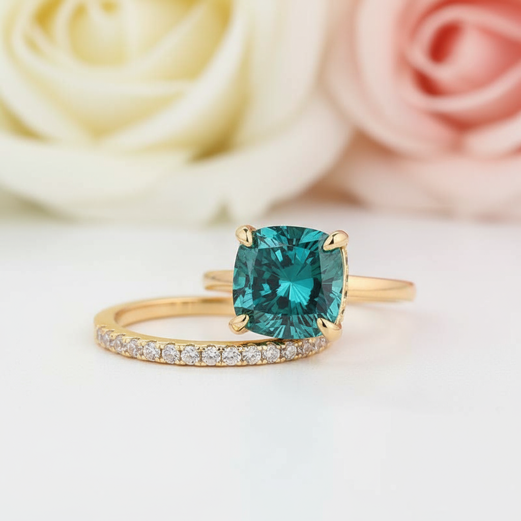3.5 Carat Cushion Cut Paraiba Tourmaline Wedding Set-Black Diamonds New York