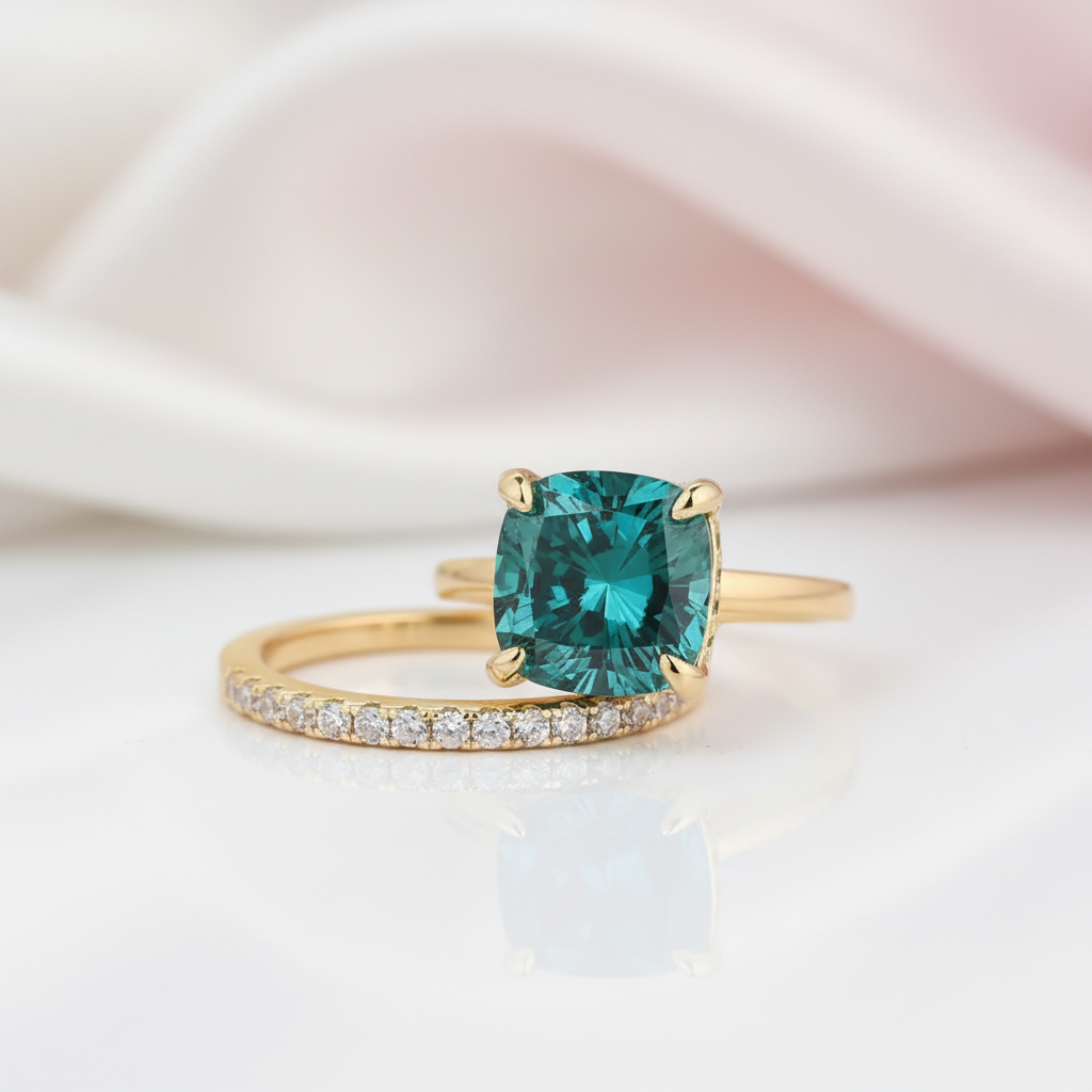 3.5 Carat Cushion Cut Paraiba Tourmaline Wedding Set-Black Diamonds New York