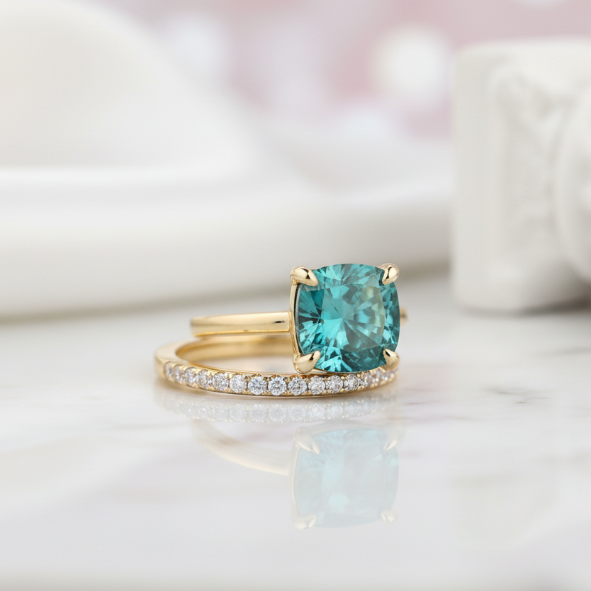 3.5 Carat Cushion Cut Paraiba Tourmaline Wedding Set-Black Diamonds New York