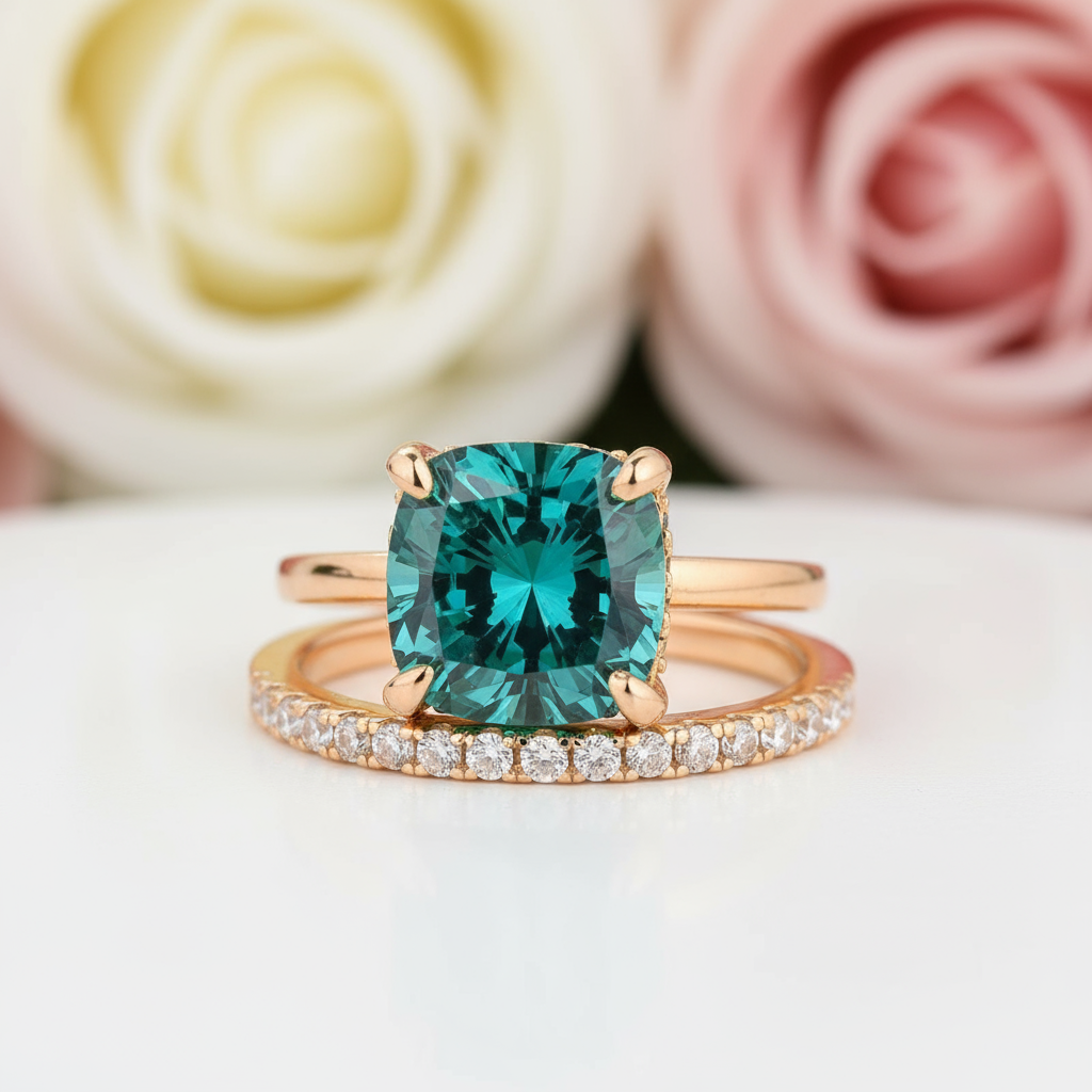 3.5 Carat Cushion Cut Paraiba Tourmaline Wedding Set-Black Diamonds New York