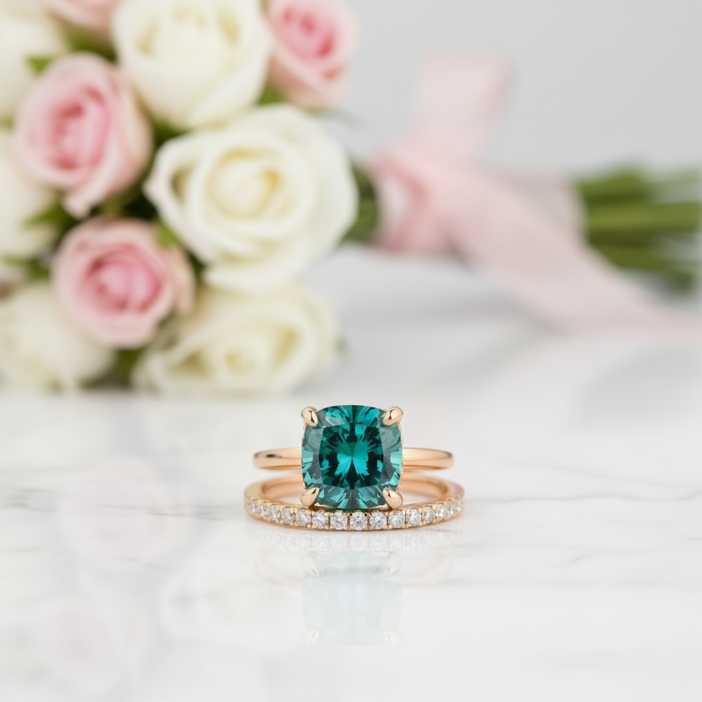 3.5 Carat Cushion Cut Paraiba Tourmaline Wedding Set-Black Diamonds New York