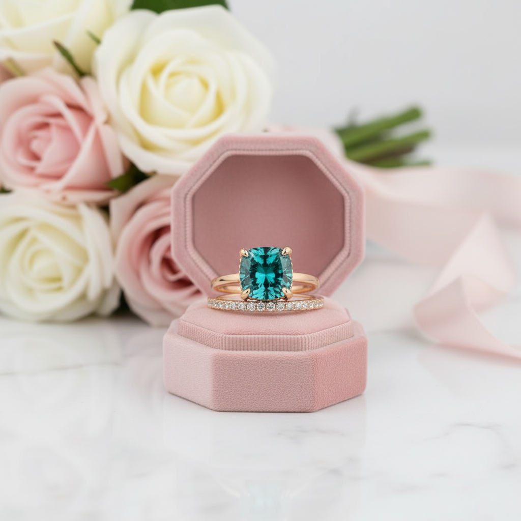 3.5 Carat Cushion Cut Paraiba Tourmaline Wedding Set-Black Diamonds New York