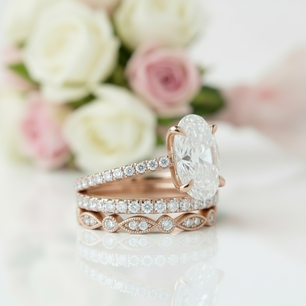 3.5 carat Oval Cut 3-Pieces Rose Gold Wedding Ring Set-Black Diamonds New York