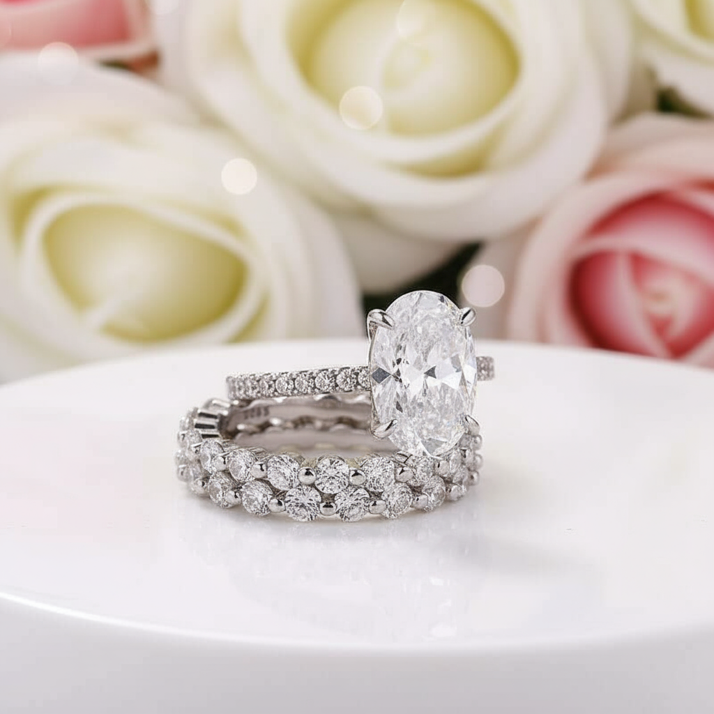 3.5 Carat Oval Cut Simulated Diamond Bridal Ring Set-Black Diamonds New York