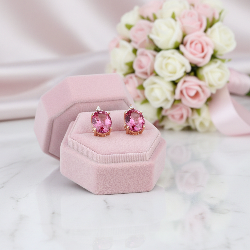 3.5 Ct Oval Pink Topaz with 0.07 Ct Diamond Options 14k Rose Gold Earrings-Black Diamonds New York