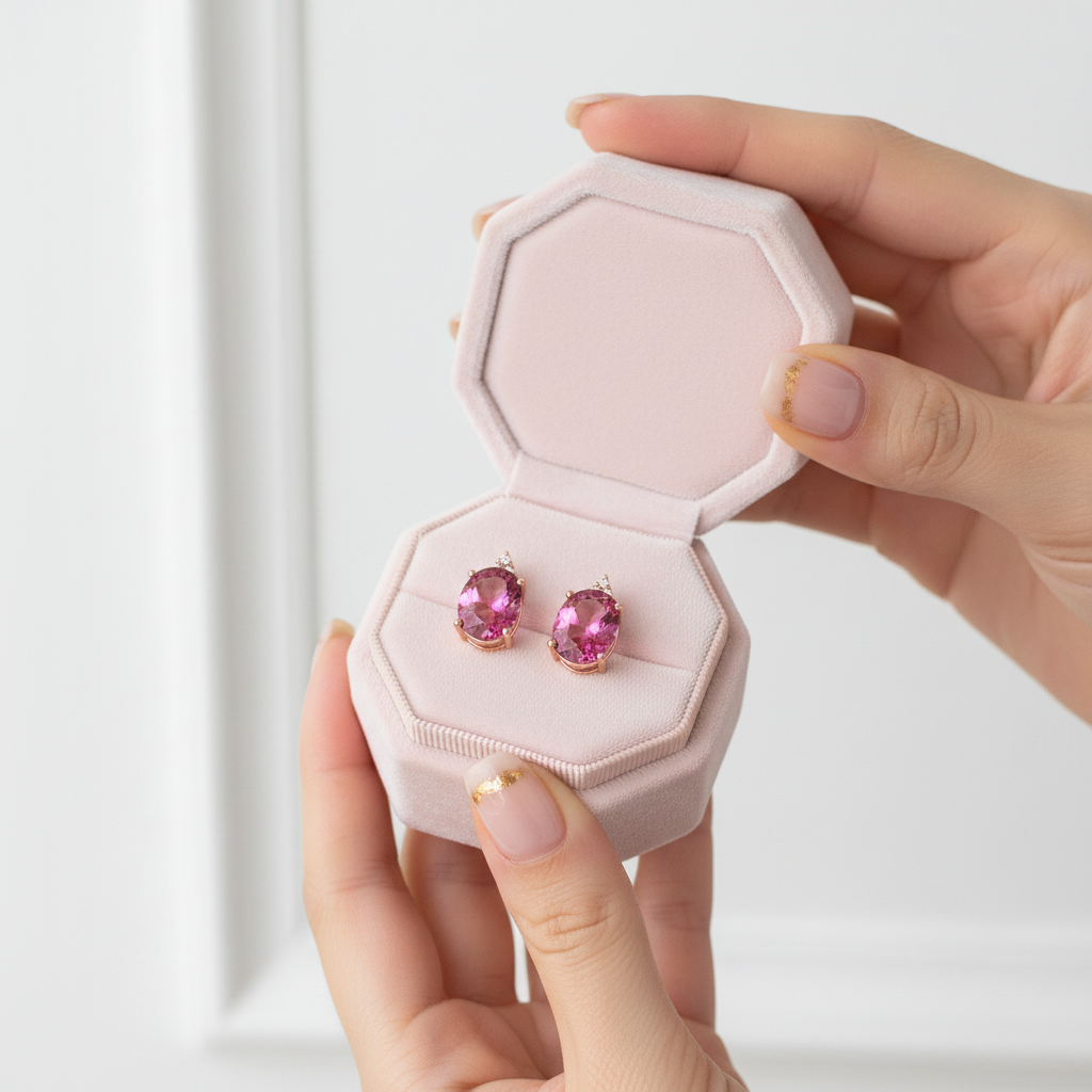 3.5 Ct Oval Pink Topaz with 0.07 Ct Diamond Options 14k Rose Gold Earrings-Black Diamonds New York