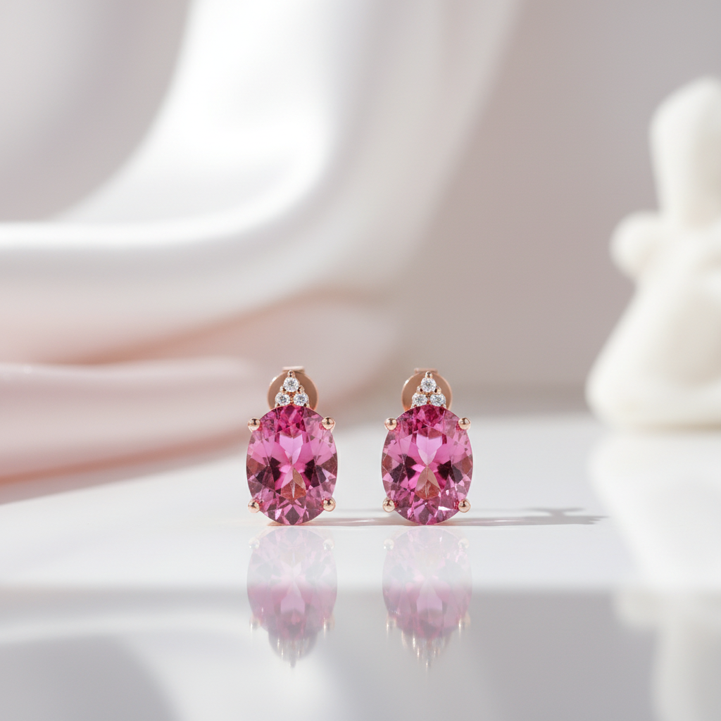 3.5 Ct Oval Pink Topaz with 0.07 Ct Diamond Options 14k Rose Gold Earrings-Black Diamonds New York